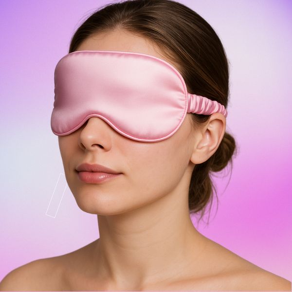 Woman wearing a pink satin sleep mask against a pink background