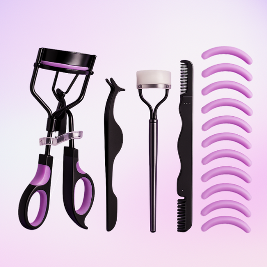 Set of eyelash tools including curler, tweezers, comb, and multiple lash extensions on a light purple background.